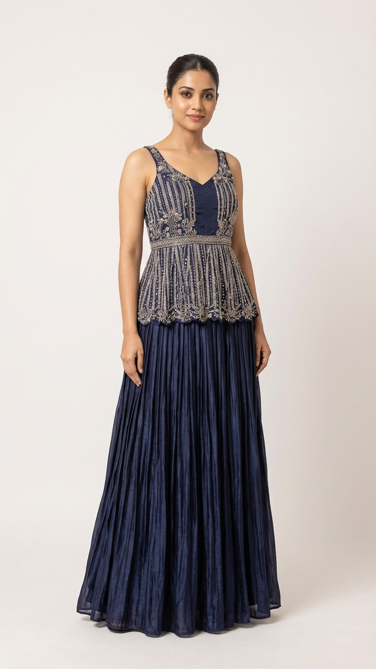 Navy blue peplum indo western outfit with sequence work party wear set for women India