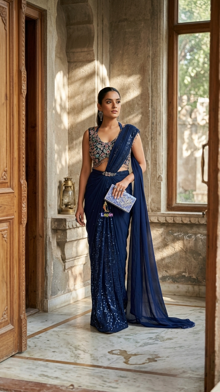 Navy blue ready to wear saree with embroidered blouse Chandni Chowk party wear