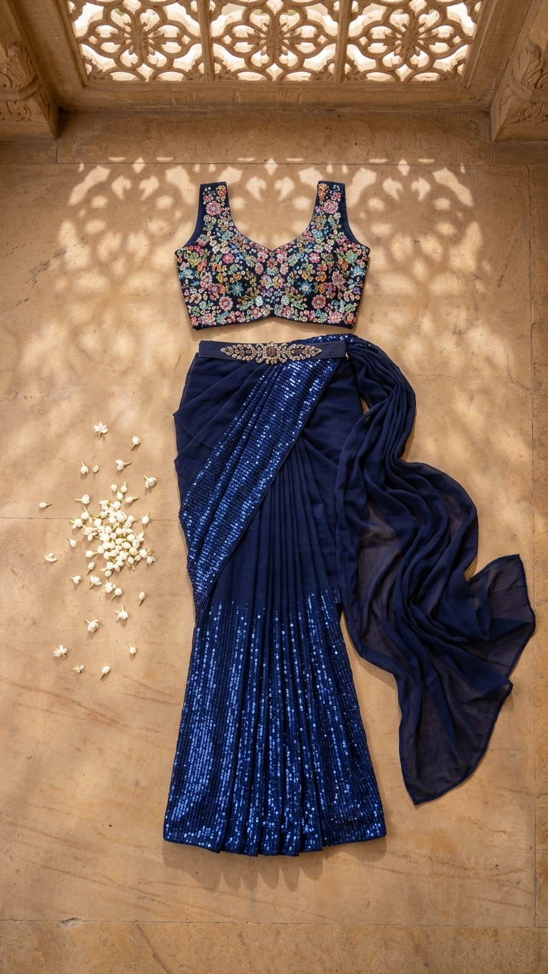 Navy blue modern saree inspired by Chandni Chowk contemporary ethnic fashion