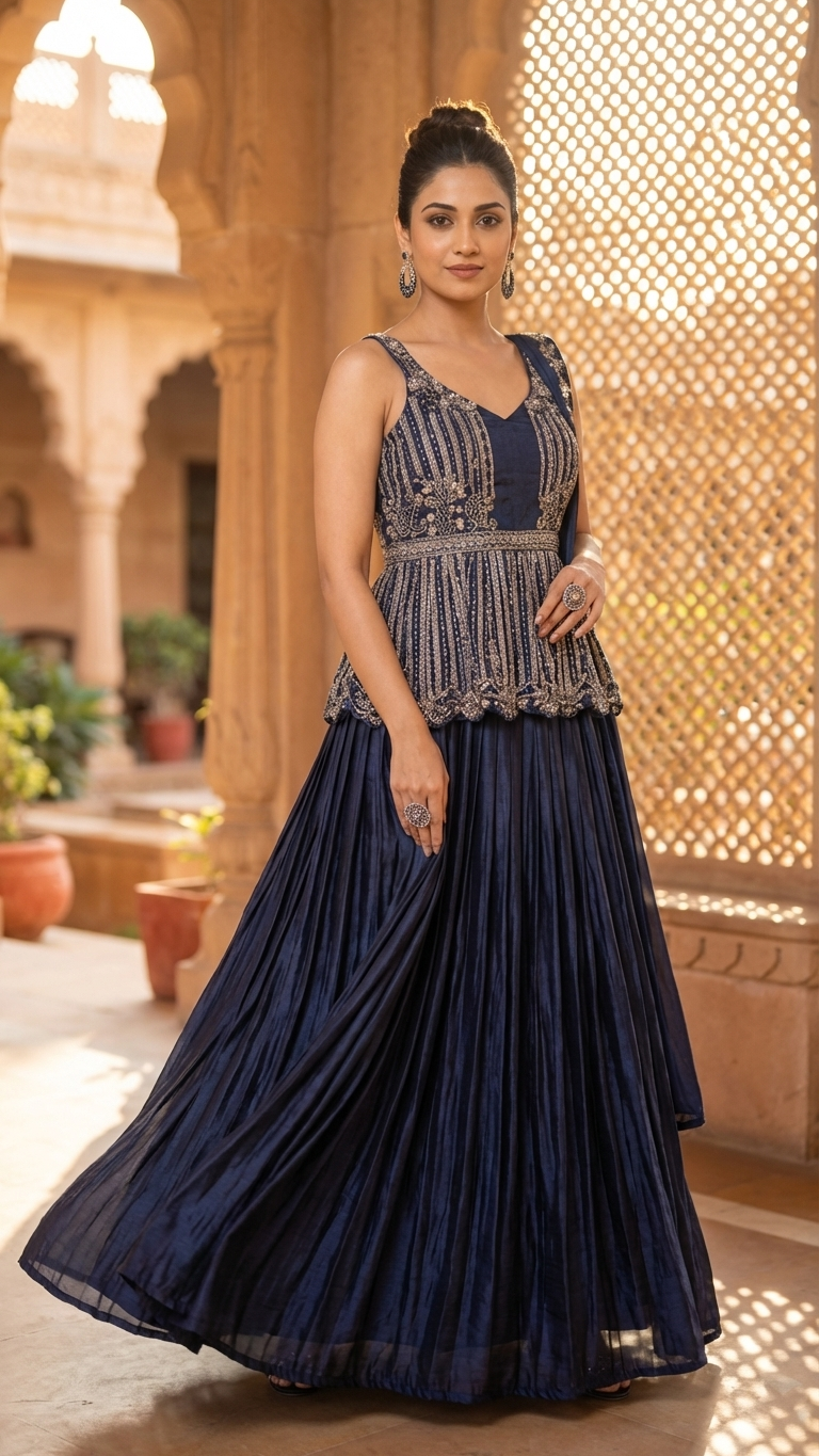 Navy blue peplum top with skirt and jerkin detailing stylish evening party wear outfit