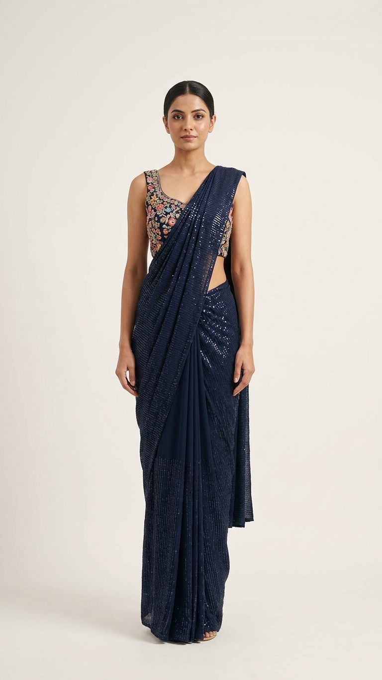 Navy saree with embroidered blouse viscose fabric elegant Chandni Chowk fashion