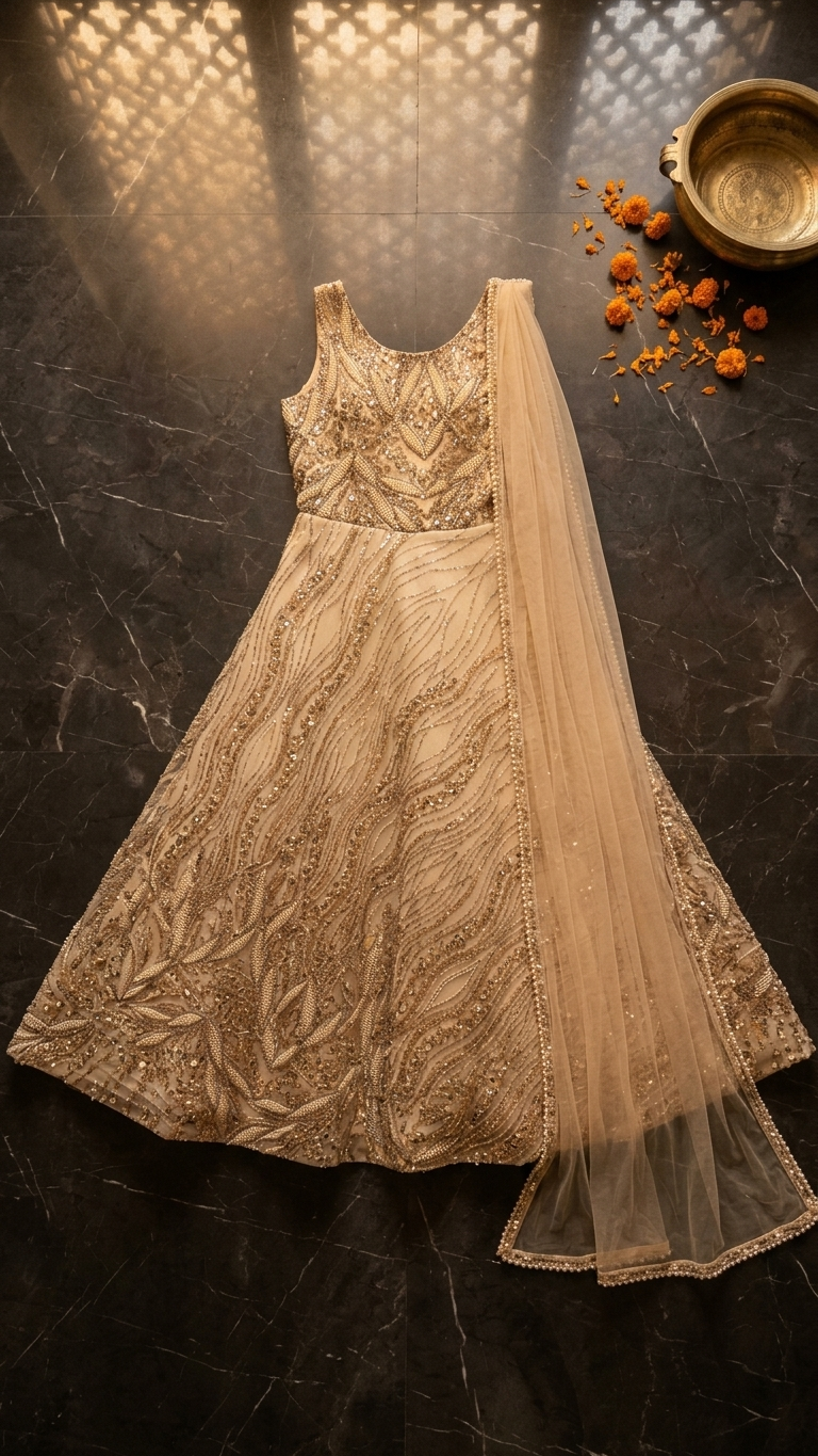 Golden net gown for reception with sequin and pearl work elegant party wear outfit