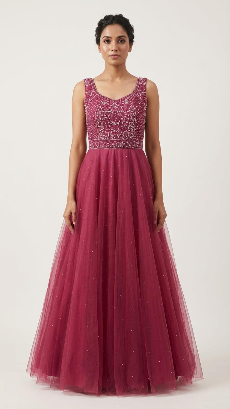 Rani pink net gown with heavy embroidery perfect for wedding and festive occasions