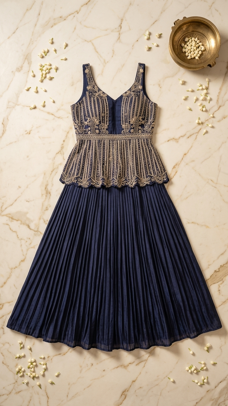 Net indo western set in navy blue with sequence work elegant festive and party outfit