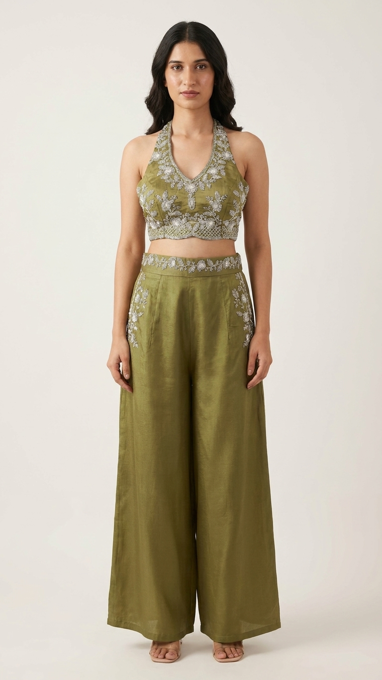 Olive green fusion ethnic set inspired by Chandni Chowk modern fashion