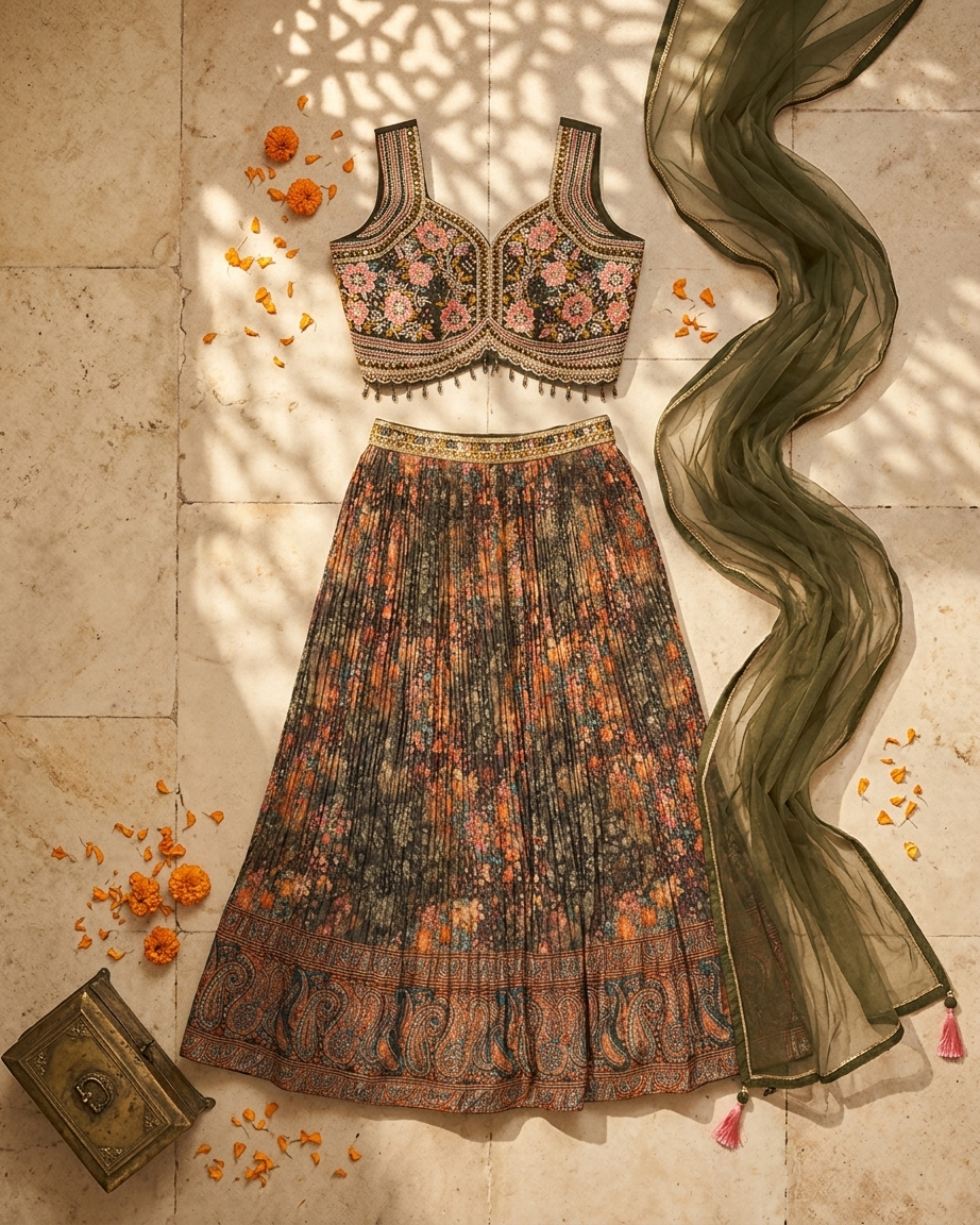 Olive green floral lehenga with mirror work blouse Chandni Chowk festive wear for women