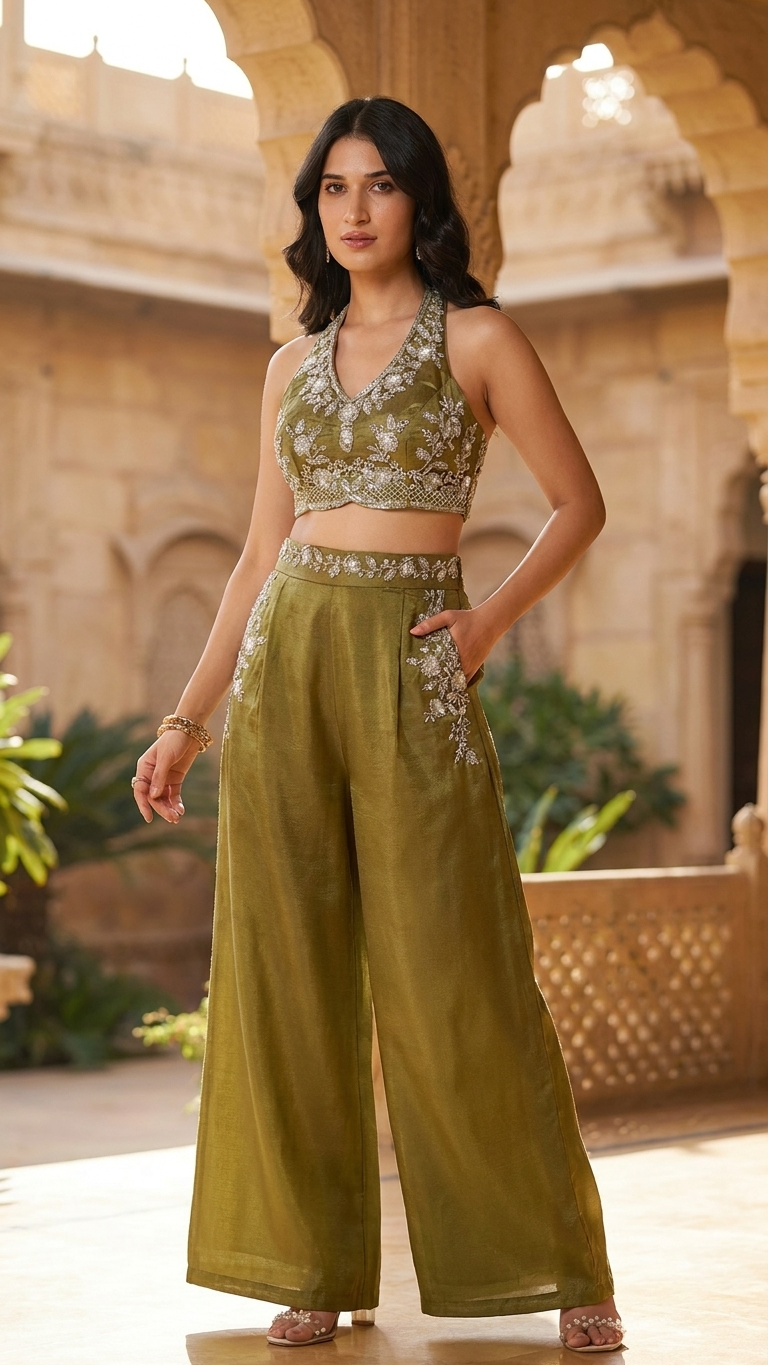 Olive green halter crop top with thread embroidery modern Chandni Chowk fashion