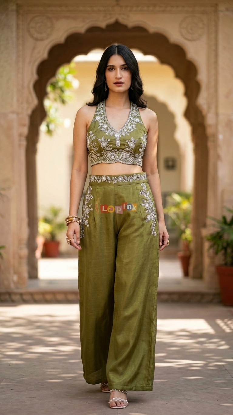 Olive green indo western crop top and pants set with embroidery Chandni Chowk party wear