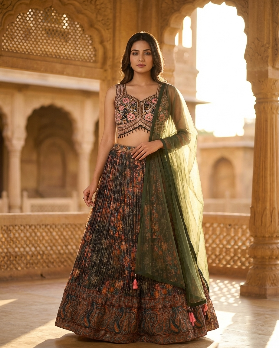 Olive green lehenga with floral print perfect for mehendi and festive wear India