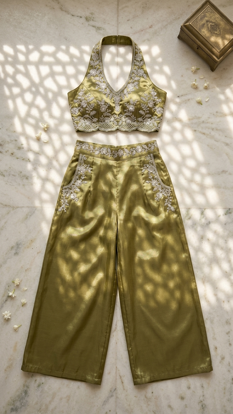 Olive green indo western outfit with wide leg pants stylish party wear India