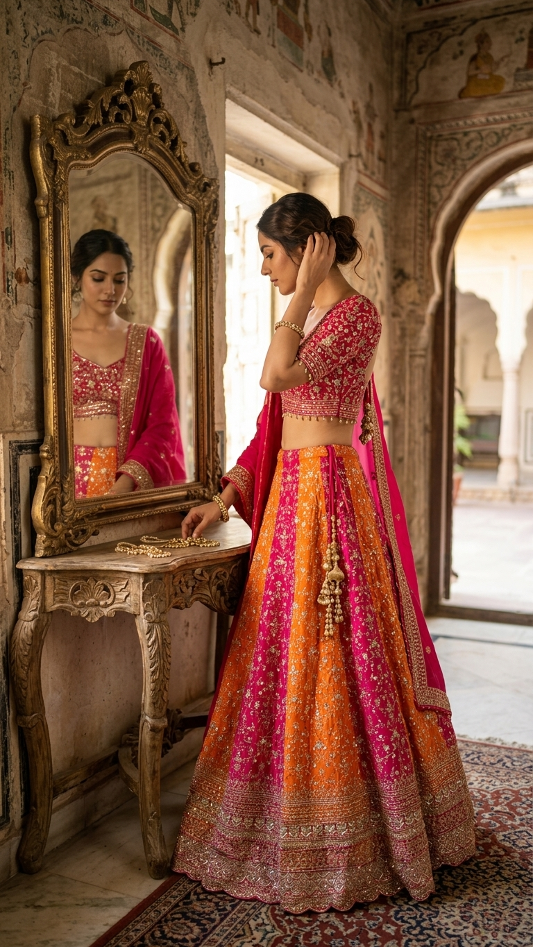 Orange and magenta crop top lehenga with full embroidery festive haldi mehendi outfit