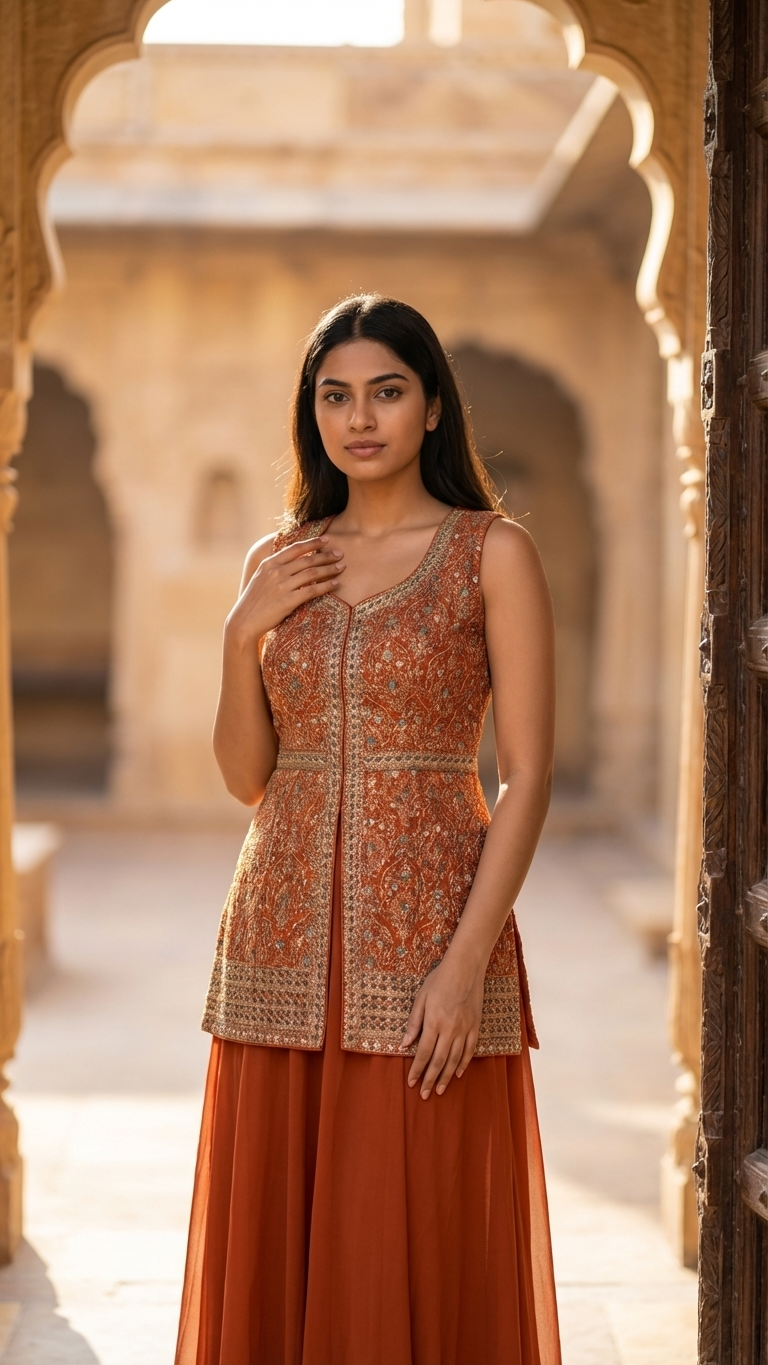 Short kurti with plazo in rust orange color casual and office wear outfit India