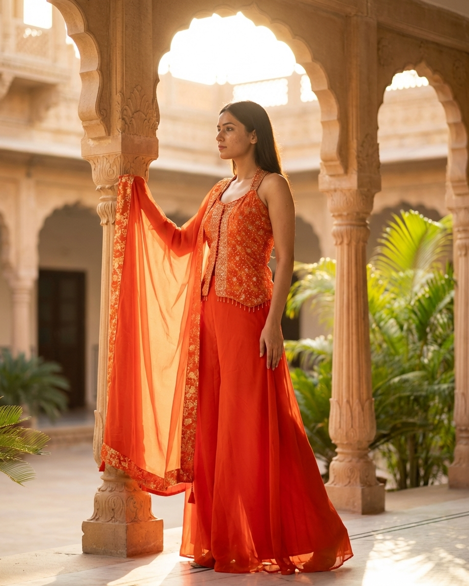 Orange suit with zari and sequin embroidery and latkan detailing Chandni Chowk fashion