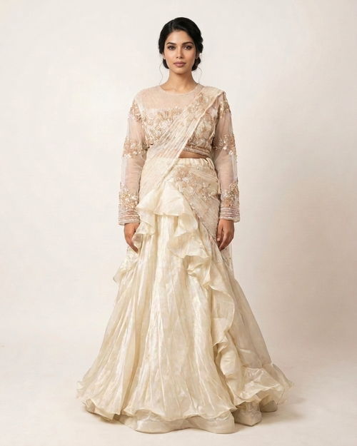 Organza ruffle saree inspired by Chandni Chowk premium couture fashion