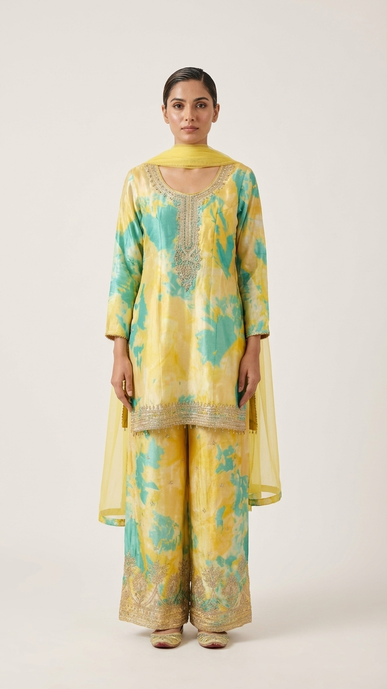 Organza suit in yellow and green color elegant printed outfit for festive occasions