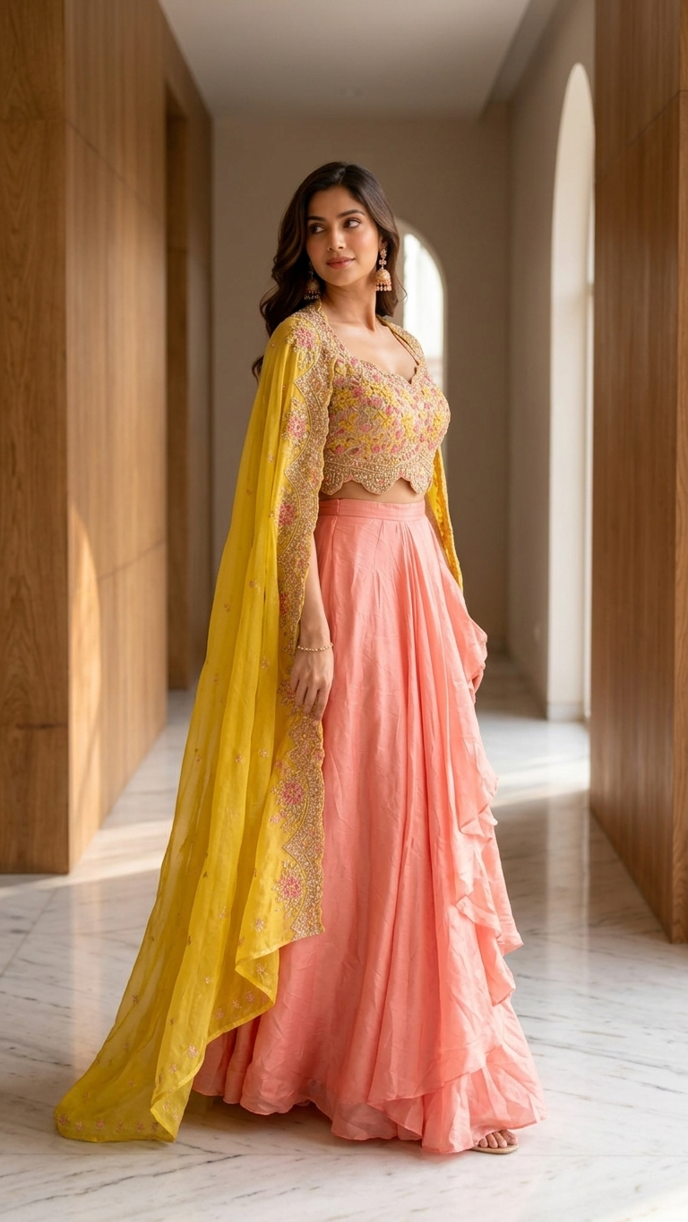 Pastel peach pink outfit with heavy embroidery and organza shrug modern ethnic fashion