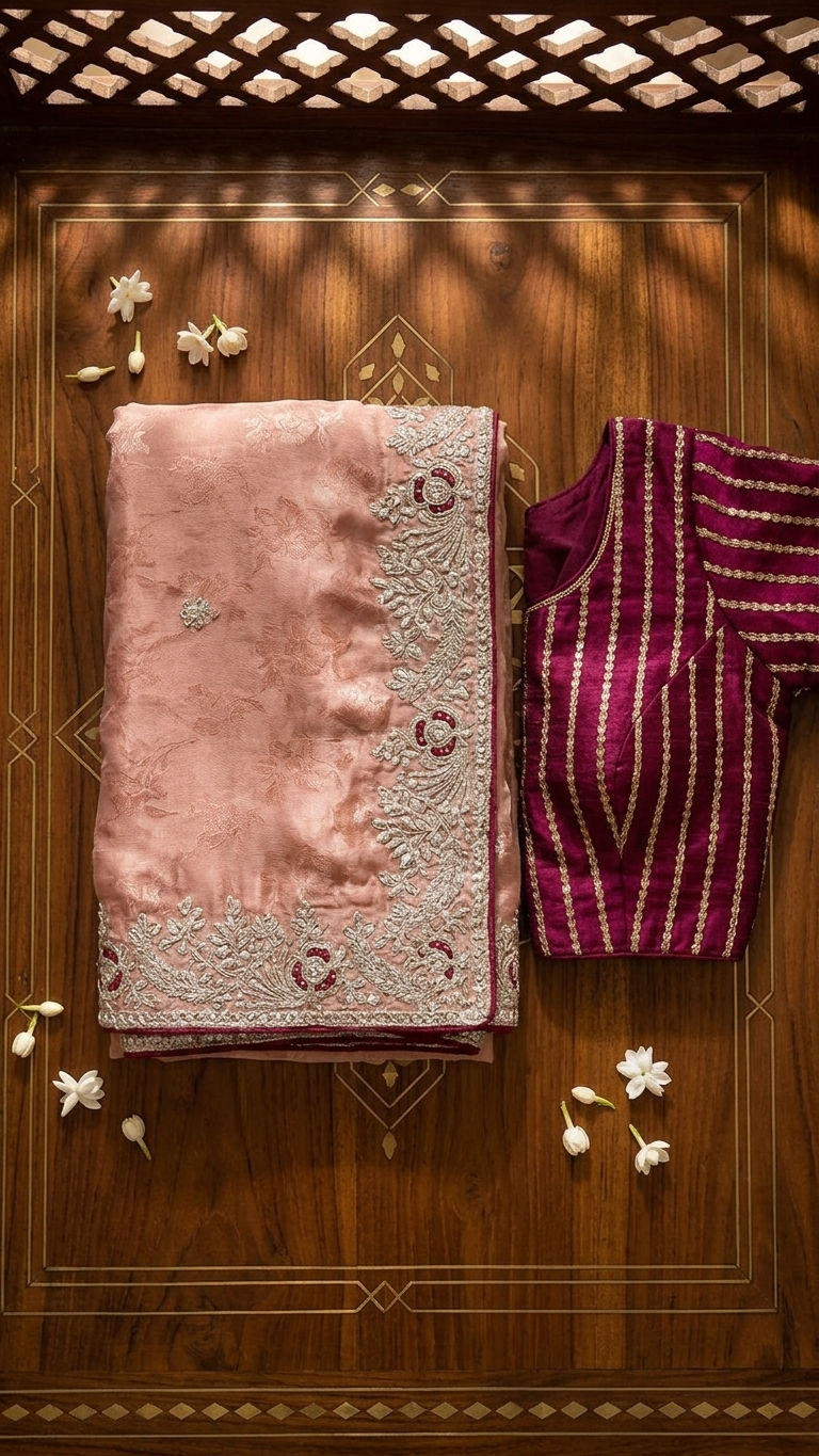 Peach festive saree with zari work elegant Chandni Chowk style outfit for women