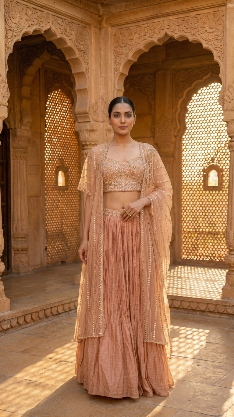 Peach indo western outfit with cutdana and sequin work Chandni Chowk style fashion