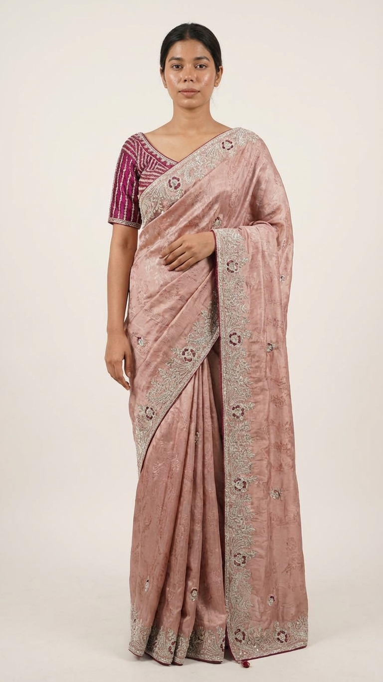 Peach jacquard crepe saree with gota zari work Chandni Chowk style festive saree for women