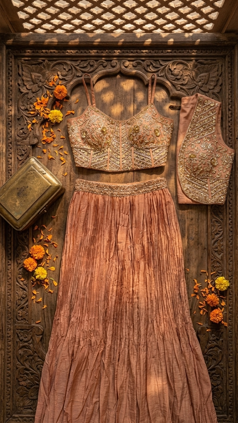 Peach modern indo western outfit with embroidery Chandni Chowk inspired fashion