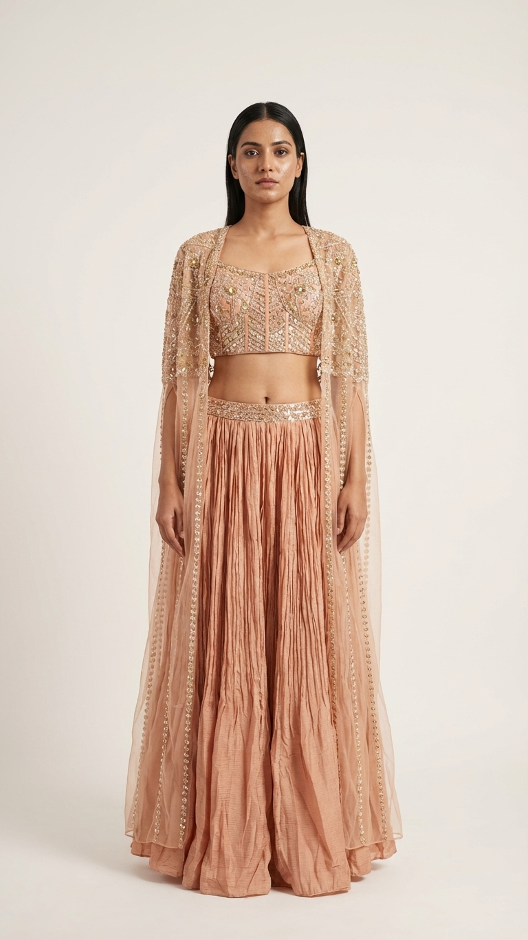 Peach net silk indo western outfit with thread embroidery Chandni Chowk festive wear