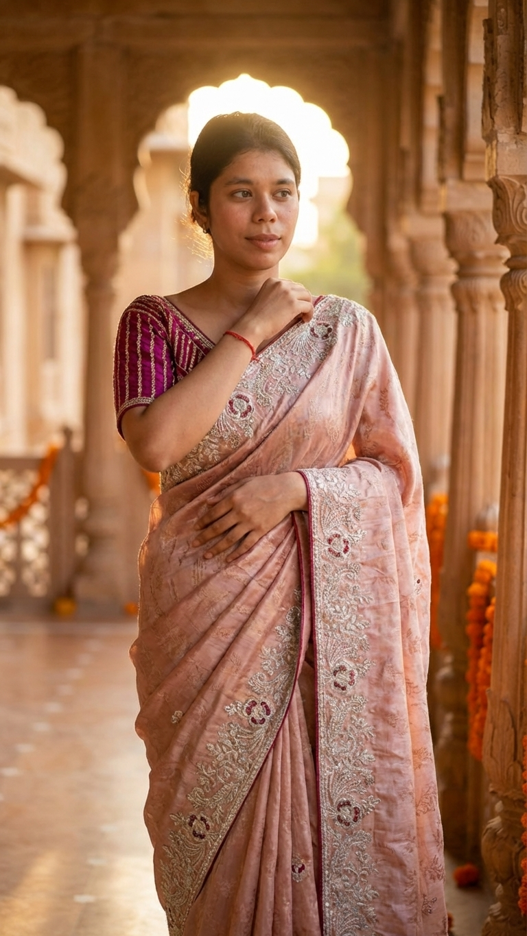 Peach saree with gota zari thread work inspired by Chandni Chowk traditional ethnic wear