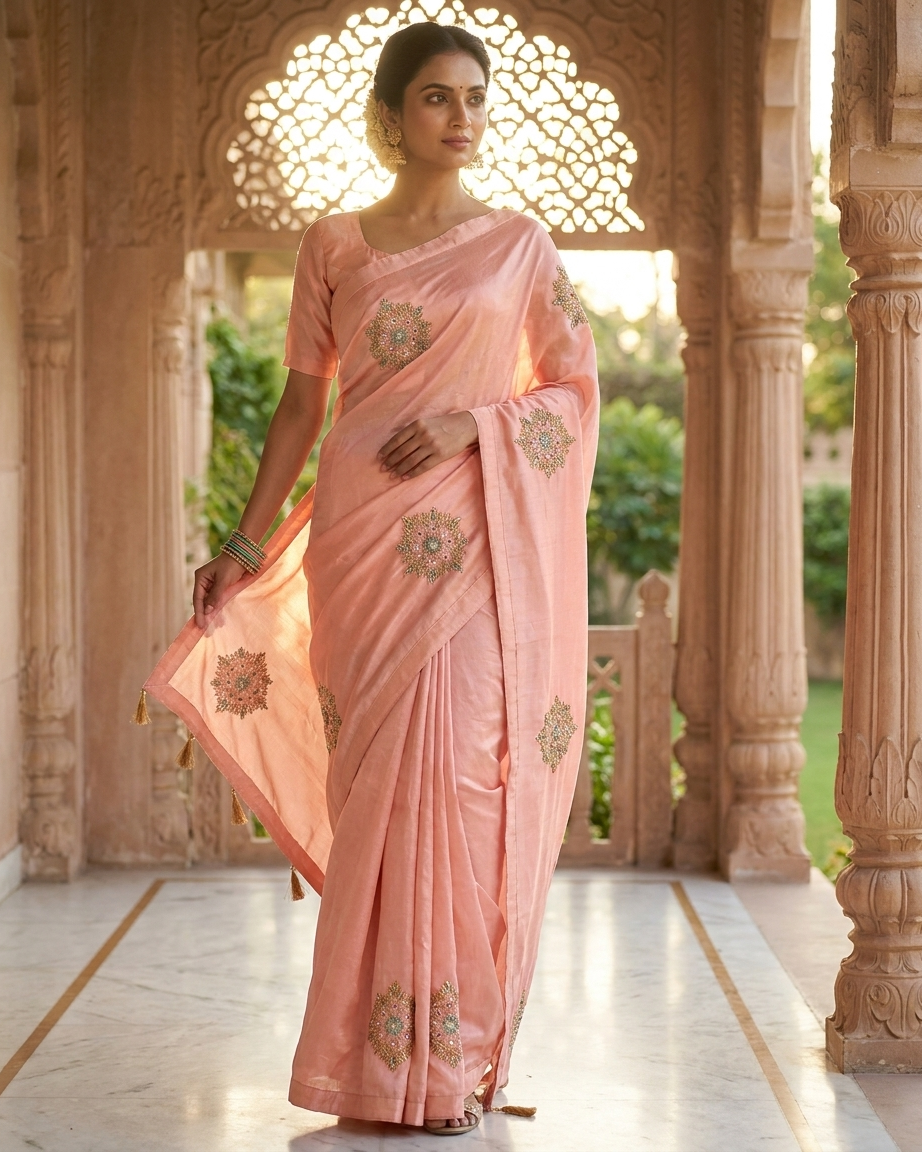 Baby pink pastel saree inspired by Chandni Chowk modern ethnic fashion