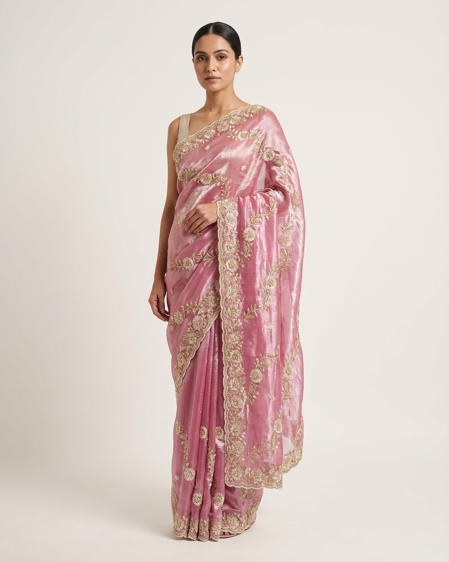 Pink party wear saree draped look with pearl work from Dilli 6 collection Delhi