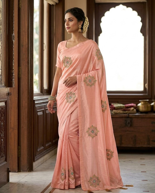 Baby pink saree with mirror work and sequin embroidery elegant ethnic fashion