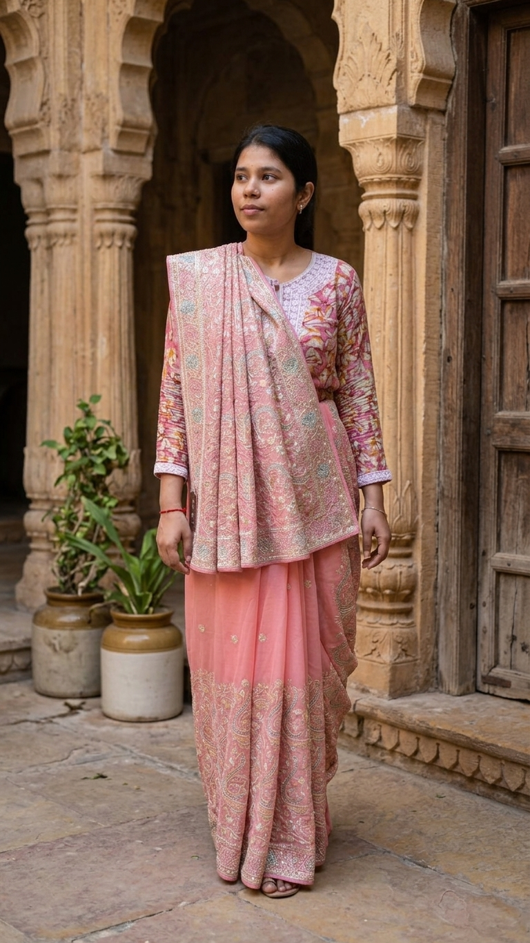 Light pink saree with thread work inspired by Chandni Chowk traditional ethnic wear