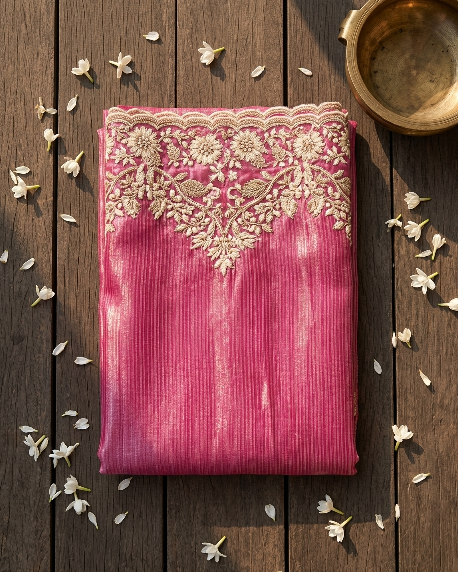 Pink party wear saree draped look with pearl work from Dilli 6 collection Delhi