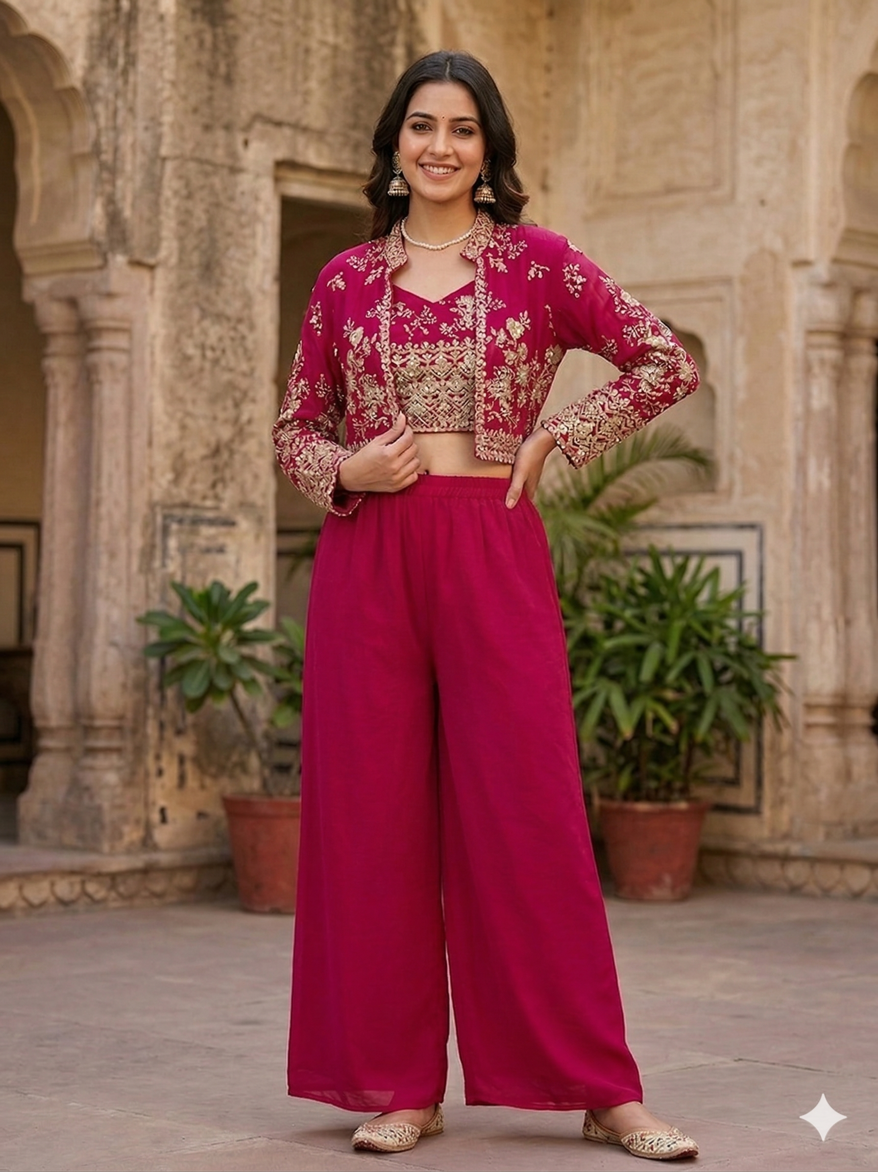 Plazo jacket set with thread work and zarkan detailing stylish festive wear for women