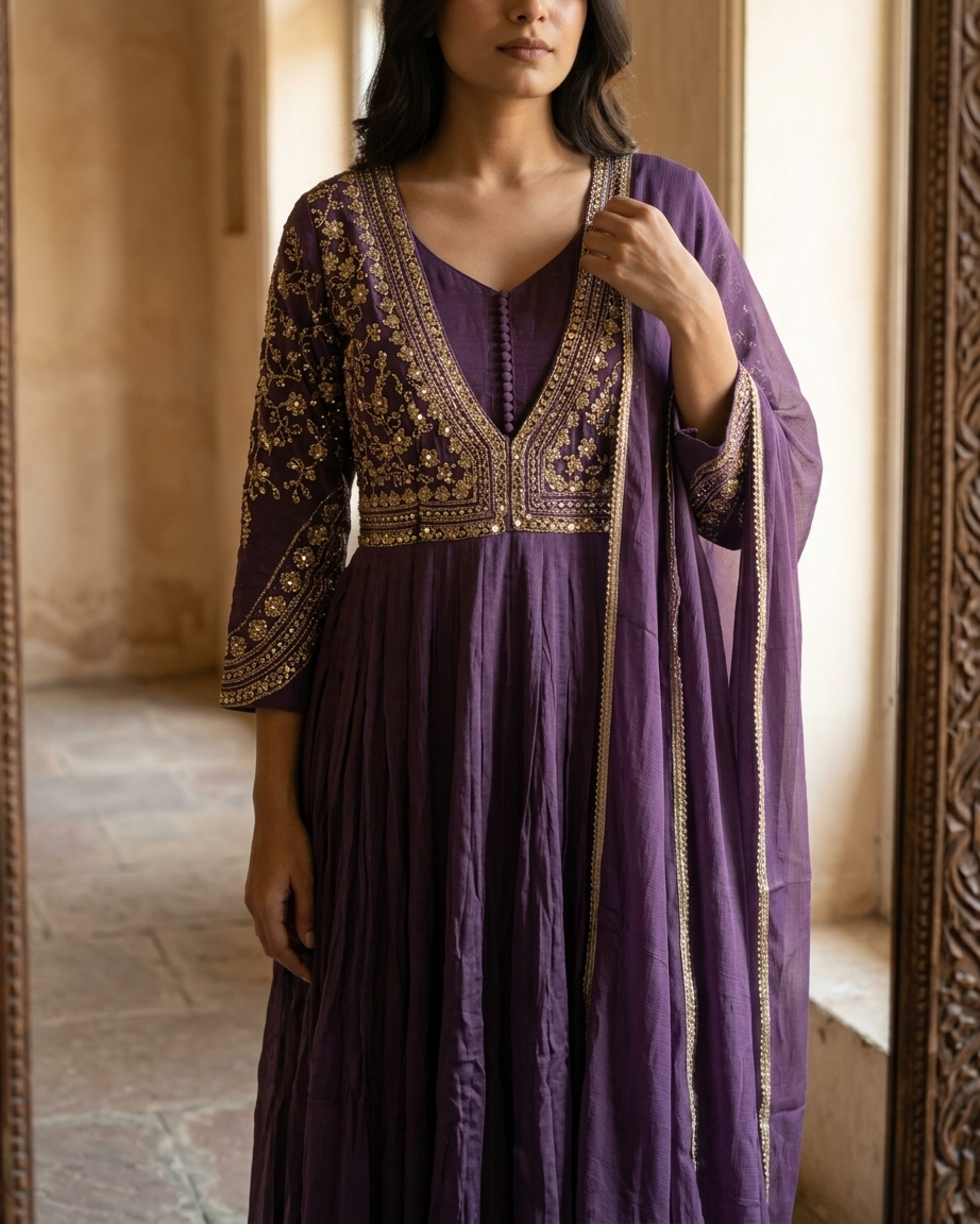 Plum suit with thread and zari embroidery on yoke Chandni Chowk style ethnic wear
