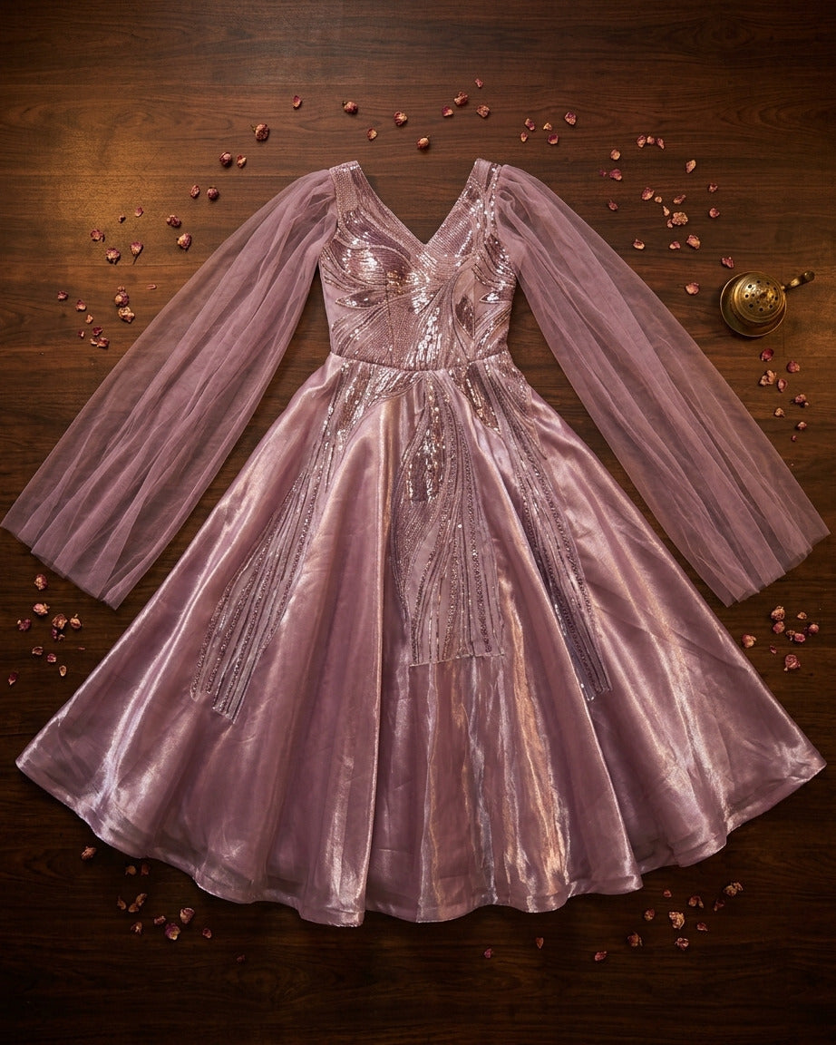 Dark lavender sequin katdana gown with butterfly sleeves, stylish evening wear gown inspired by Delhi 6 fashion