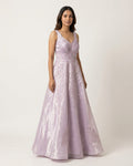 Lavender Jimmy Choo gown with rubber print and smocking detail, modern festive wear gown from Chandni Chowk Dilli 6 collection