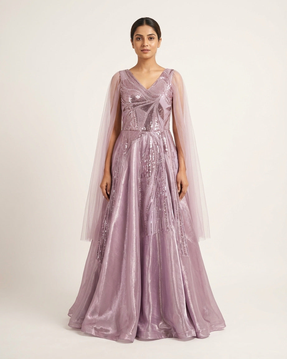 Dark lavender sequin katdana gown with butterfly sleeves, stylish evening wear gown inspired by Delhi 6 fashion