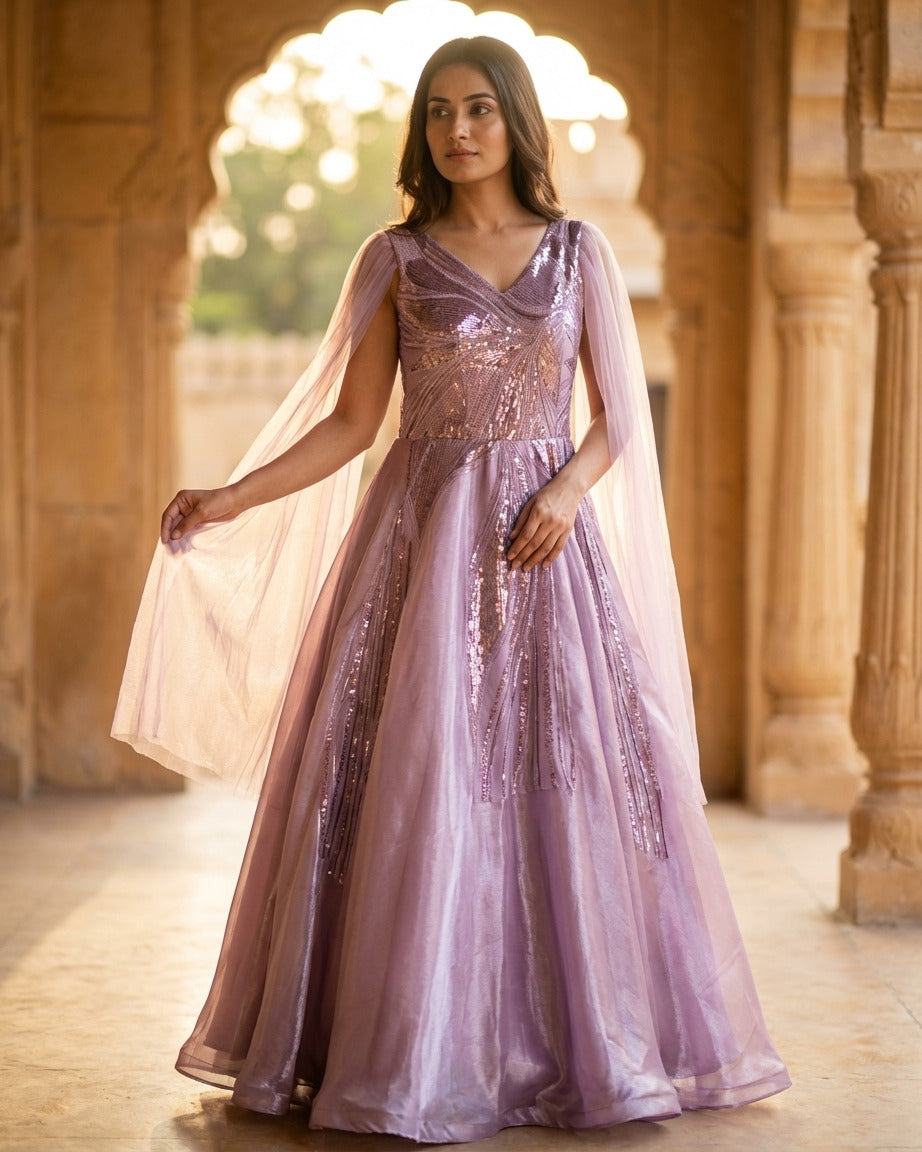Dark lavender sequin katdana gown with butterfly sleeves, stylish evening wear gown inspired by Delhi 6 fashion