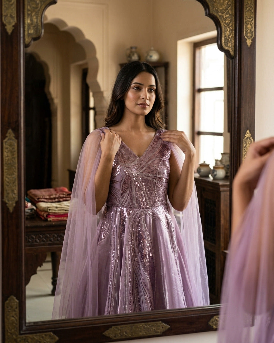 Dark lavender sequin katdana gown with butterfly sleeves, stylish evening wear gown inspired by Delhi 6 fashion