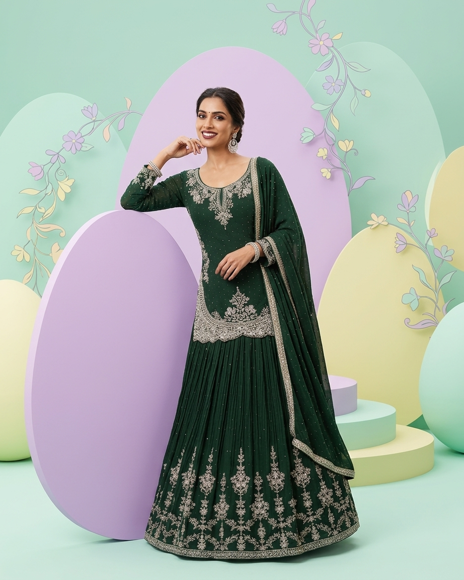 Bottle Green Georgette Indo-Western Set