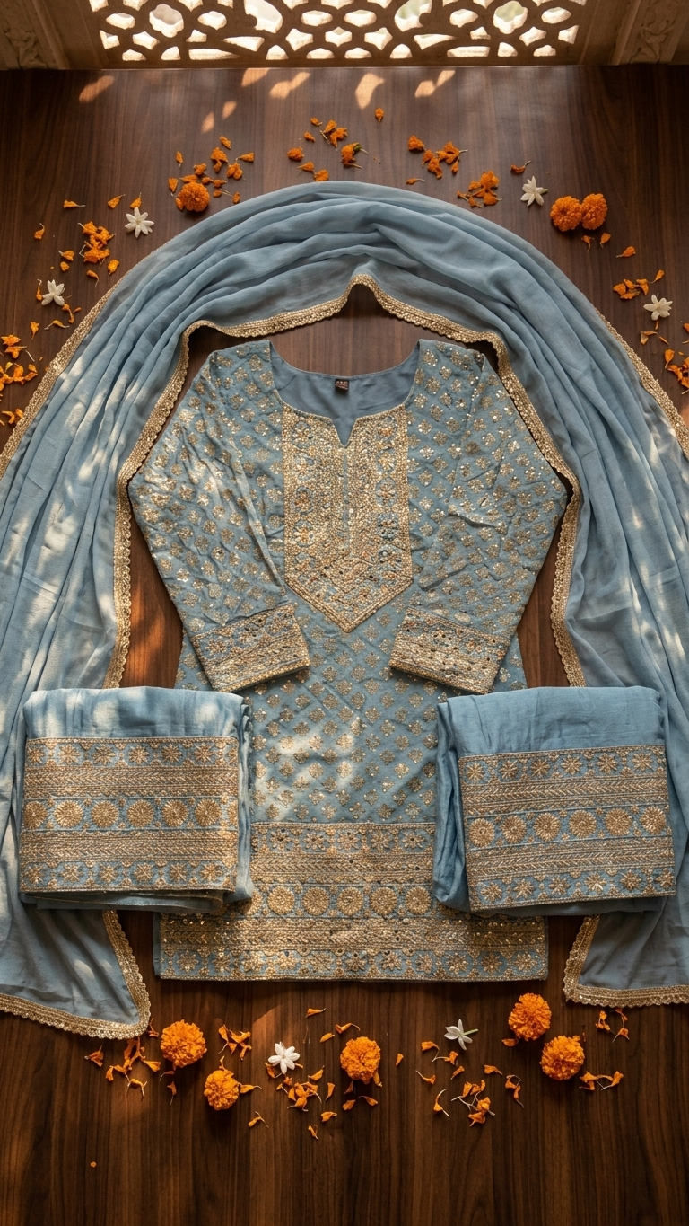 Powder blue suit set inspired by Chandni Chowk traditional fashion for women