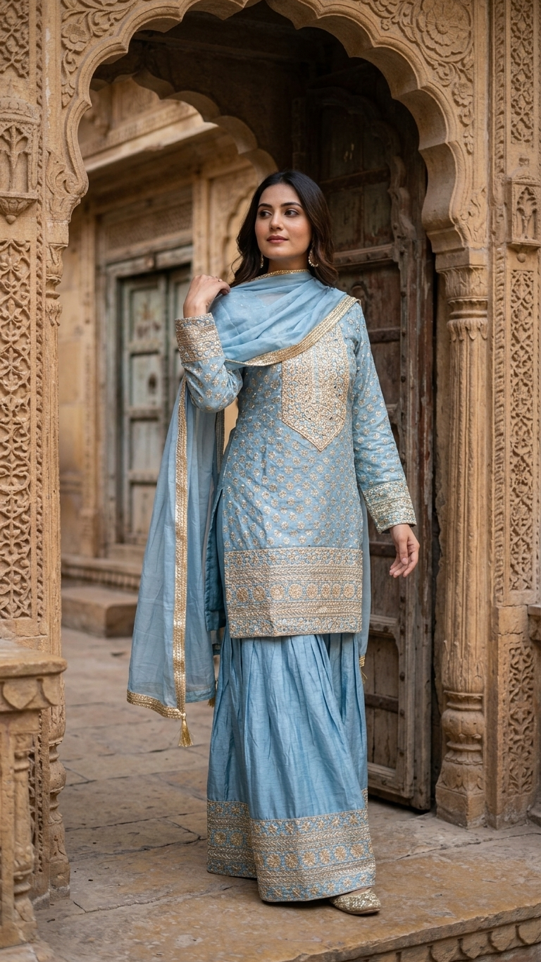 Powder blue ethnic suit elegant wedding and festive wear for women India