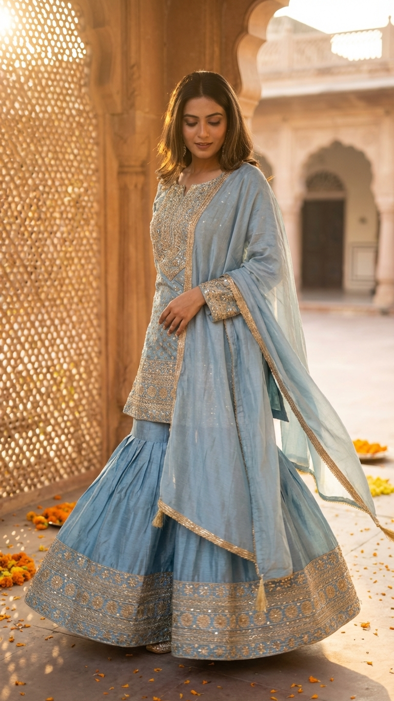 Powder blue suit with thread and zari embroidery Chandni Chowk style ethnic wear