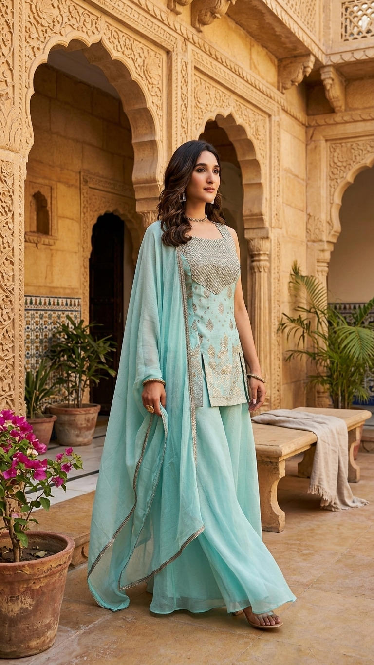 Powder blue brocade suit with zardosi embroidery elegant Chandni Chowk fashion