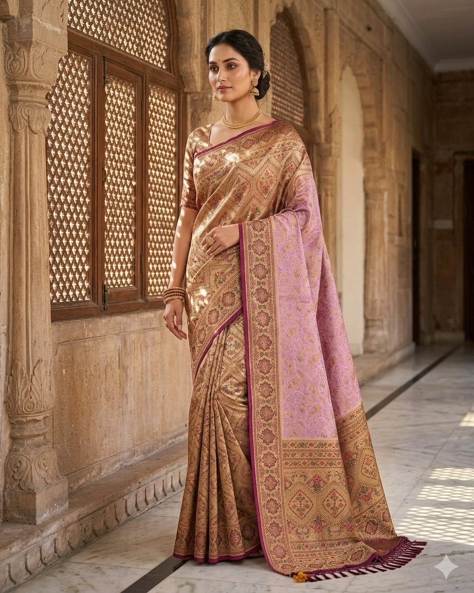 Light purple saree with traditional buti weaving elegant ethnic fashion