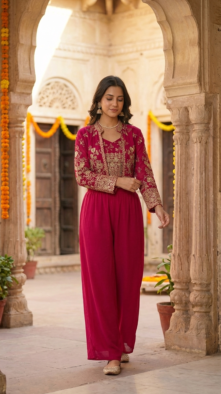 Rani color ethnic set with jacket and plazo pearl and sequence work party wear outfit