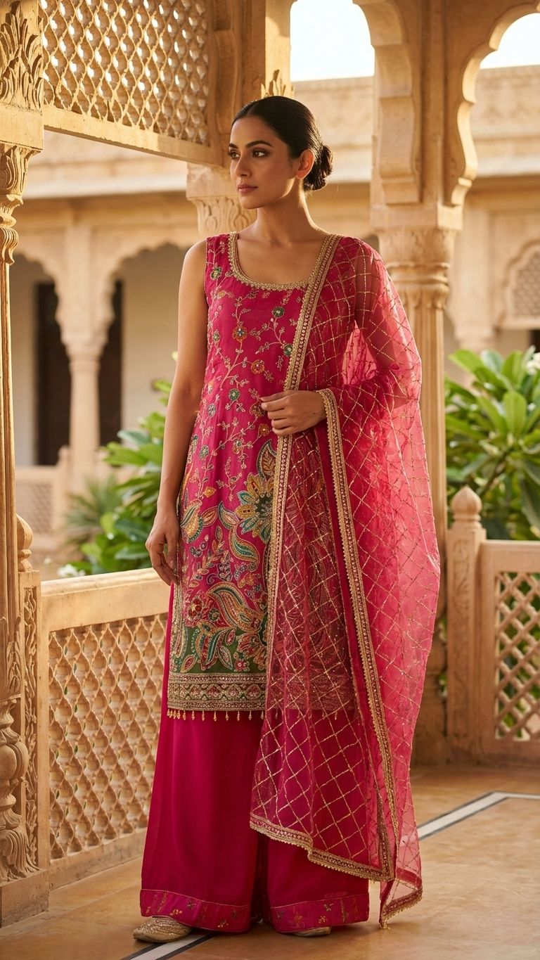 Rani pink ethnic suit with thread embroidery stylish wedding and festive wear for women