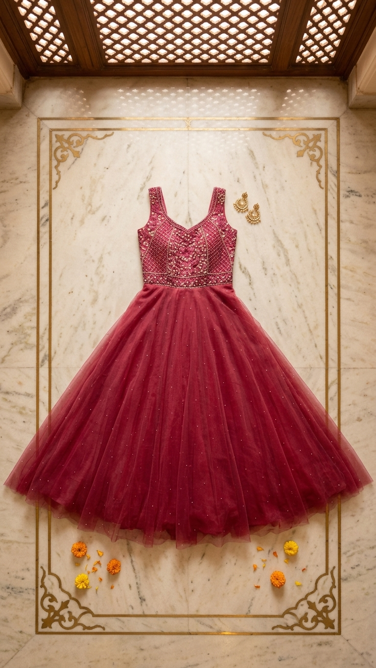 Rani pink gown with 3D floral detailing Chandni Chowk style statement outfit