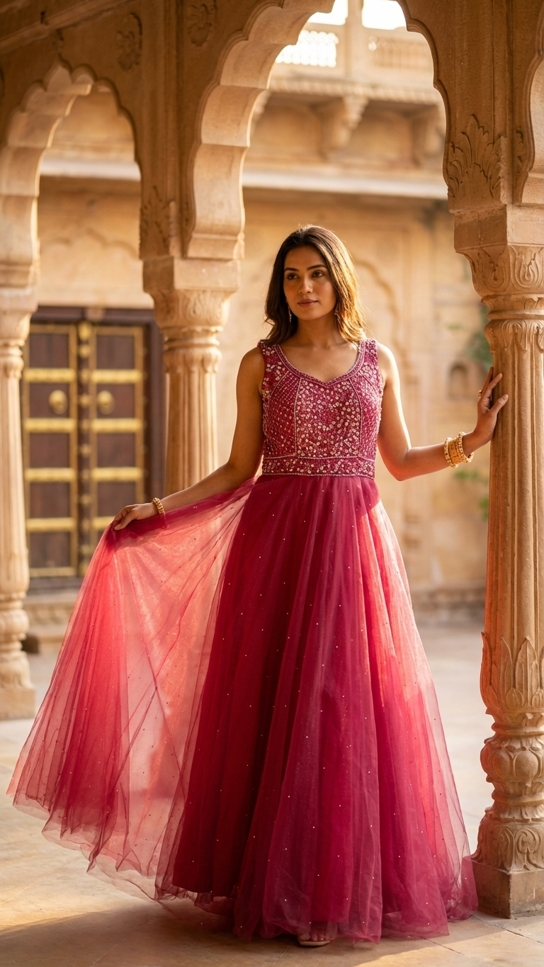 Rani pink gown with zari sequin bead work inspired by Chandni Chowk festive fashion