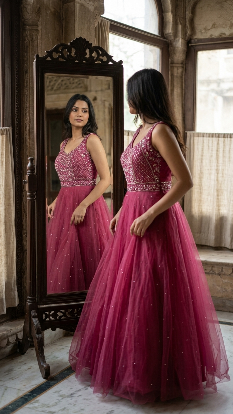 Rani pink net gown with heavy embroidery 3D floral work Chandni Chowk wedding gown