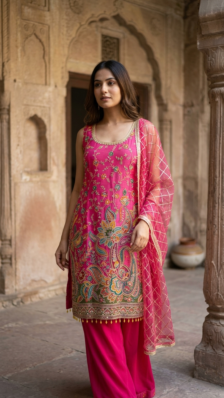 Rani pink silk blend suit with paisley embroidery Chandni Chowk style ethnic wear